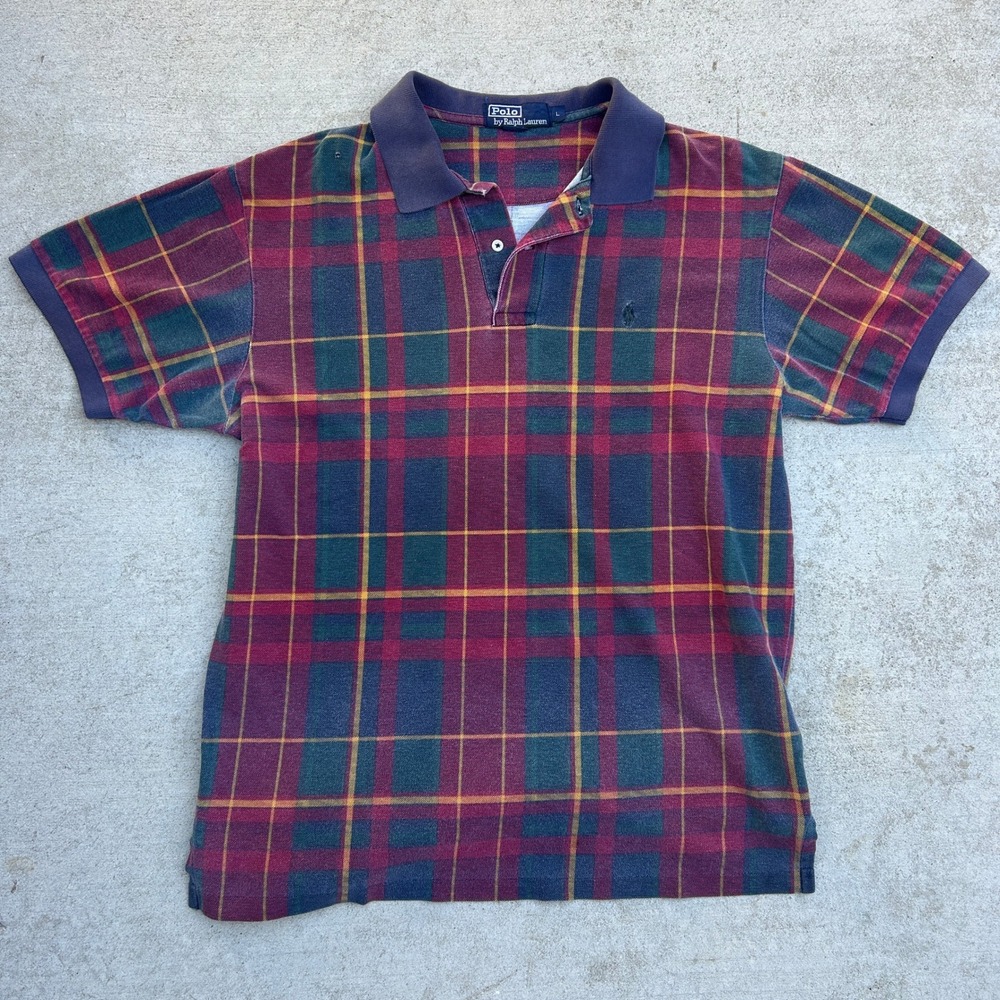 Polo Ralph Lauren Plaid Polo Shirt Large Red Green Vintage 90s Made in USA